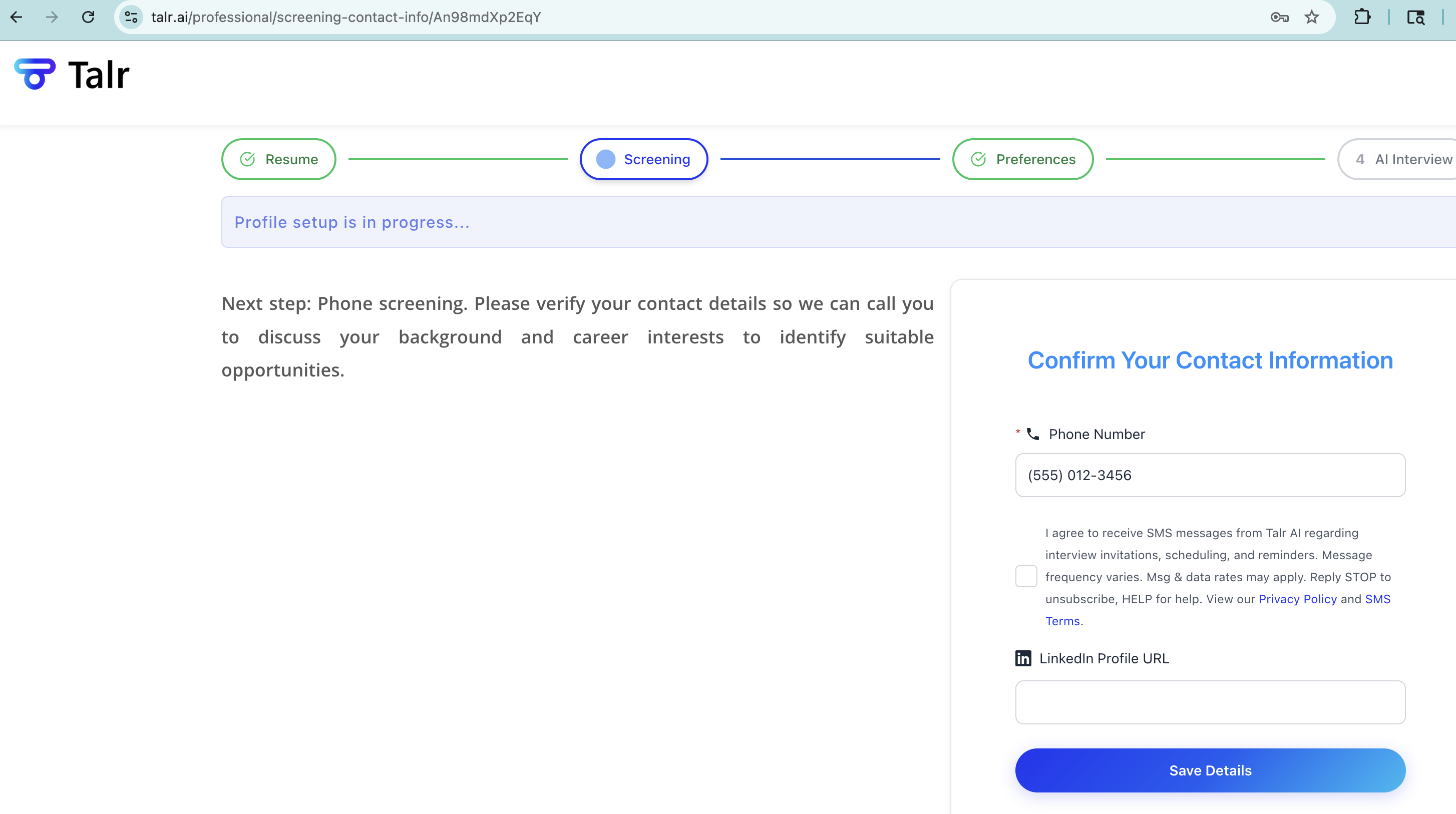 Screenshot of the SMS consent checkbox shown during profile setup on talr.ai